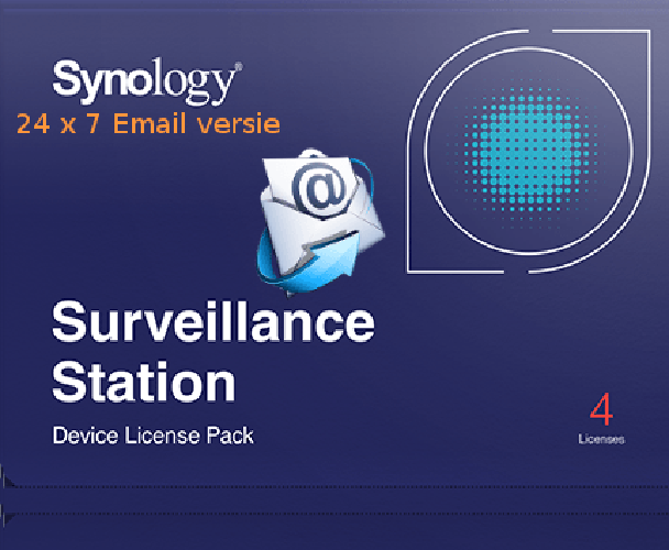 Synology Surveillance Station licentiepakket voor 4 camera's, geleverd als digitale 24/7 e-mailversie in blauwe verpakking.