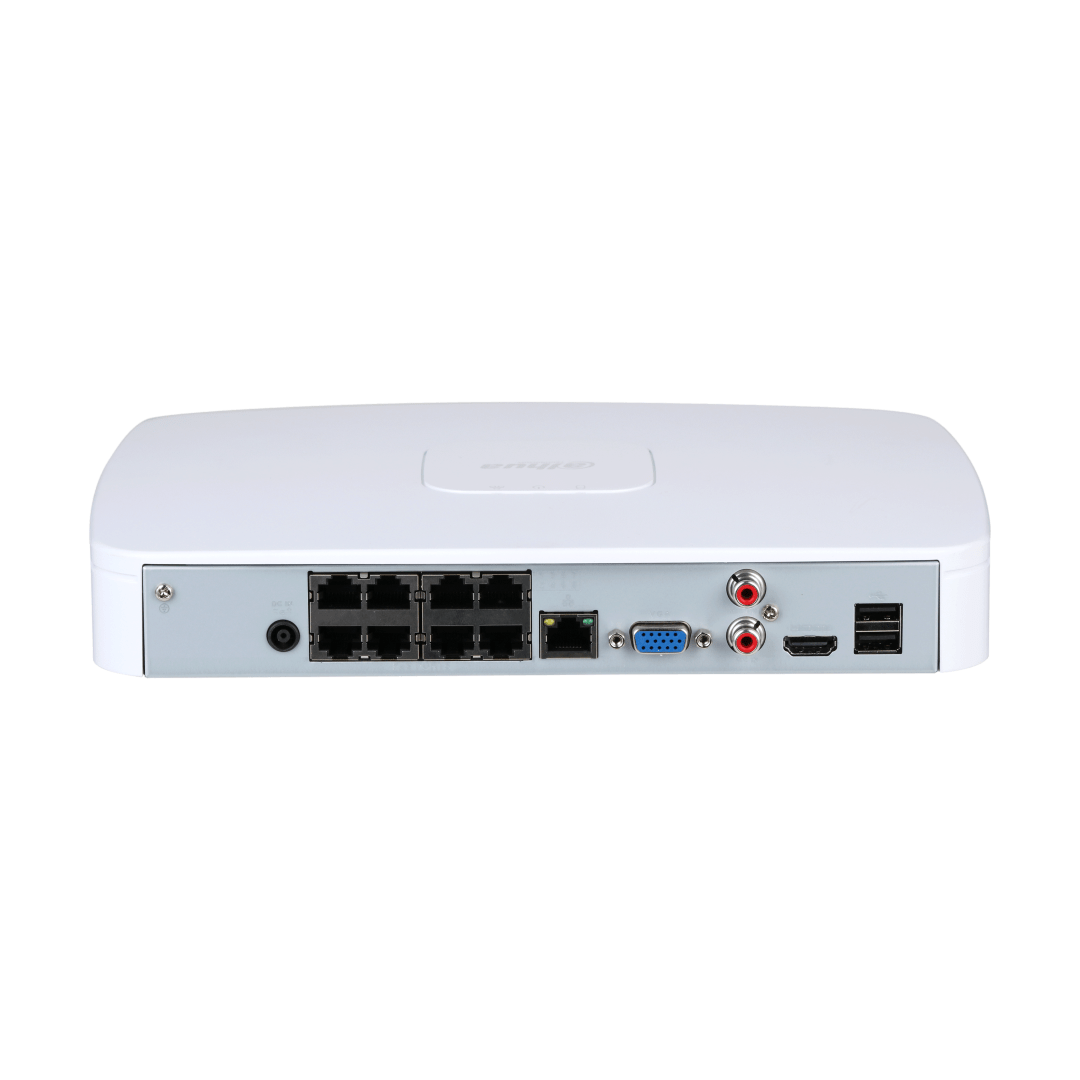 Compacte witte Dahua NVR4108-8P-EI netwerk videorecorder met strak design en centrale statusindicatoren.