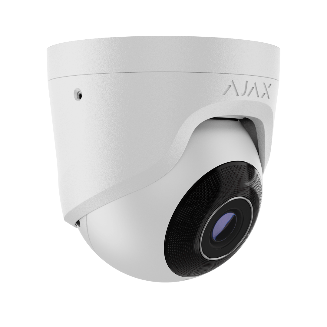 Witte Ajax TurretCam HL 5MP beveiligingscamera met 2,8mm lens en strak design voor buitenmontage.