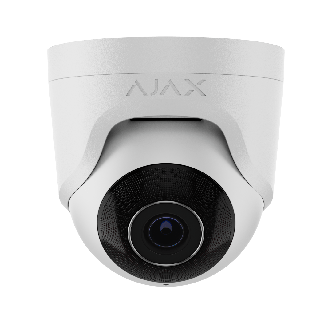 Witte Ajax TurretCam 5MP outdoor beveiligingscamera met vaste lens en strak design.