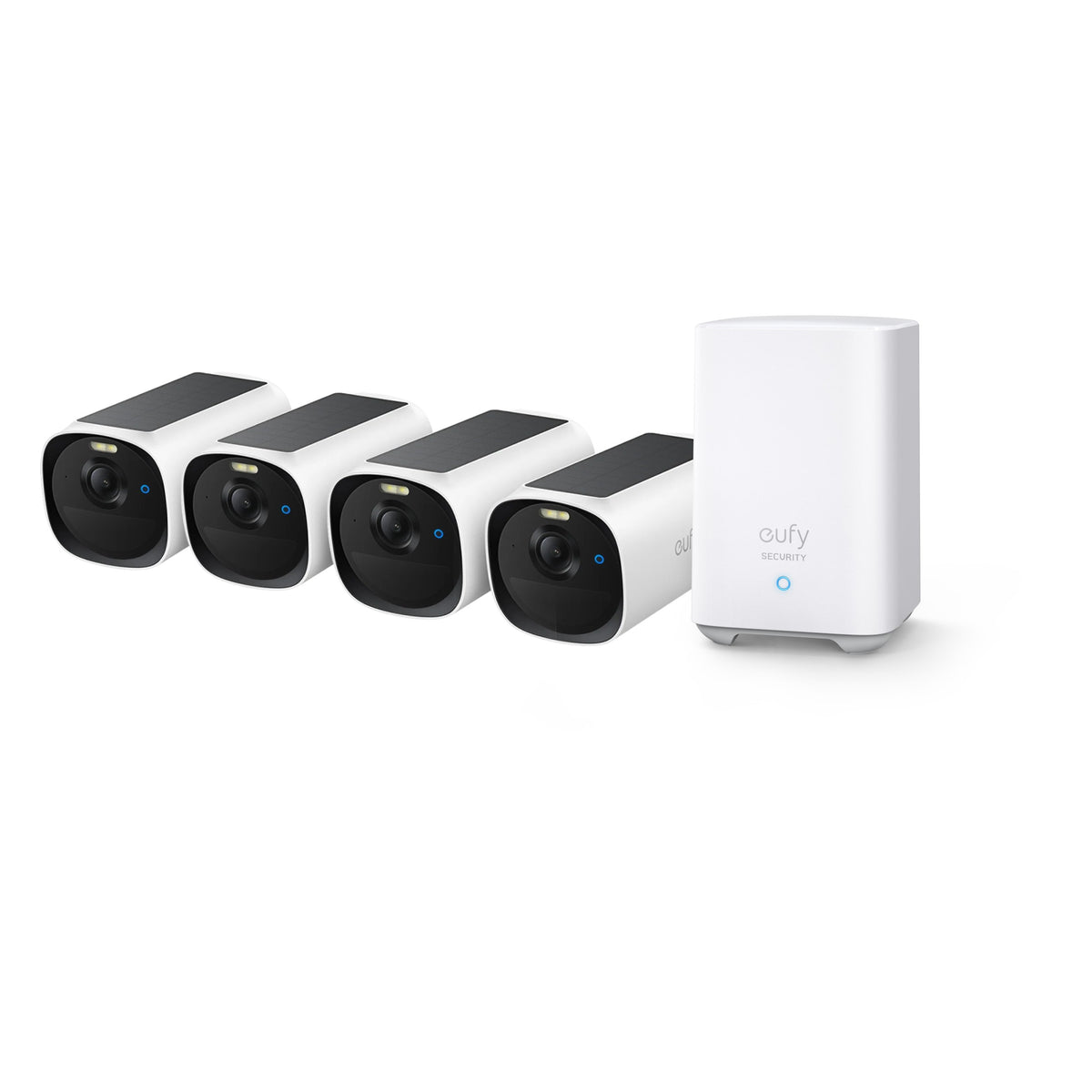 Eufy E40 set met 4 draadloze camera's en HomeBase 2, schuin vooraanzicht