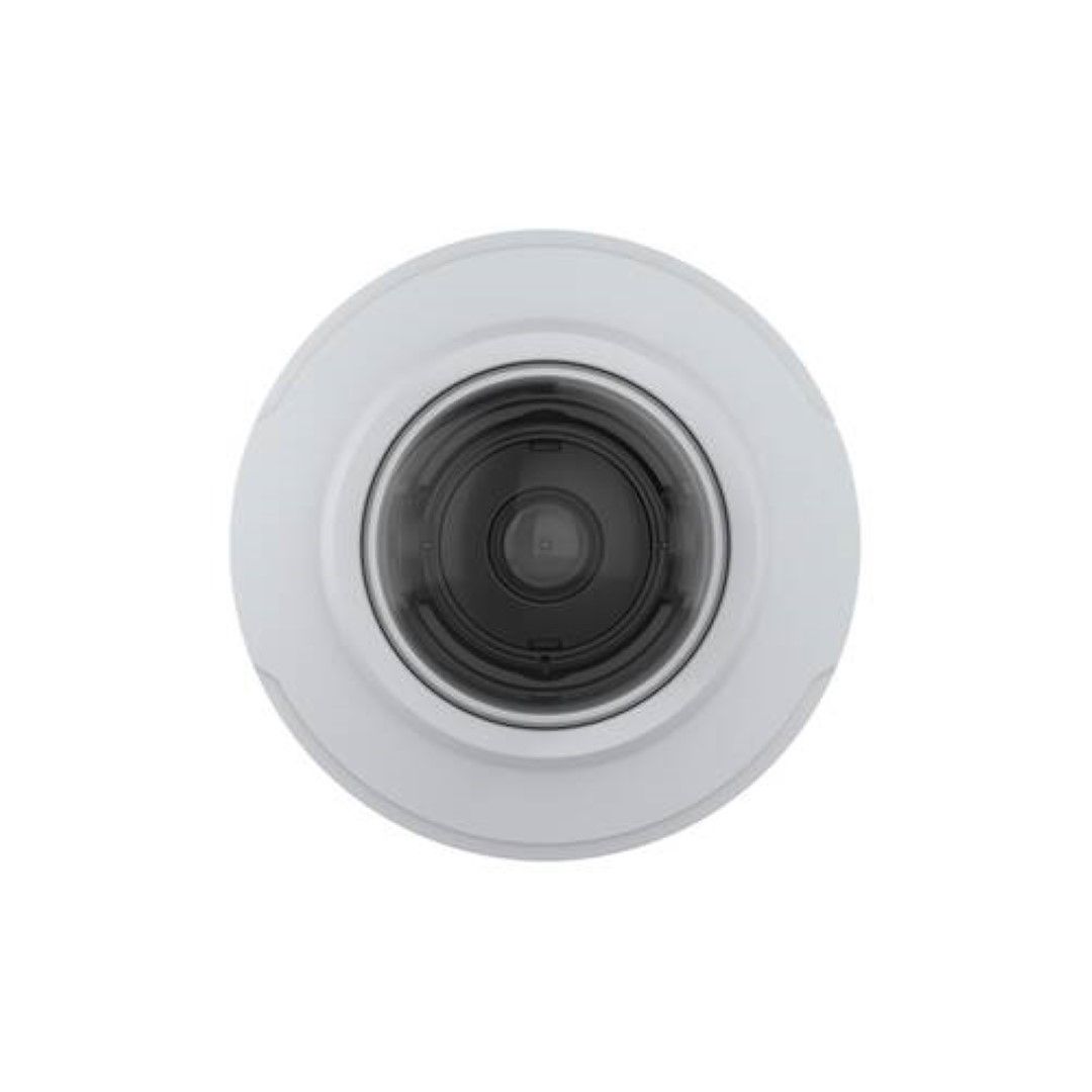 Witte, compacte Axis M3085-V mini dome IP-camera voor binnen met een strak, schroefvrij ontwerp en centrale lens.