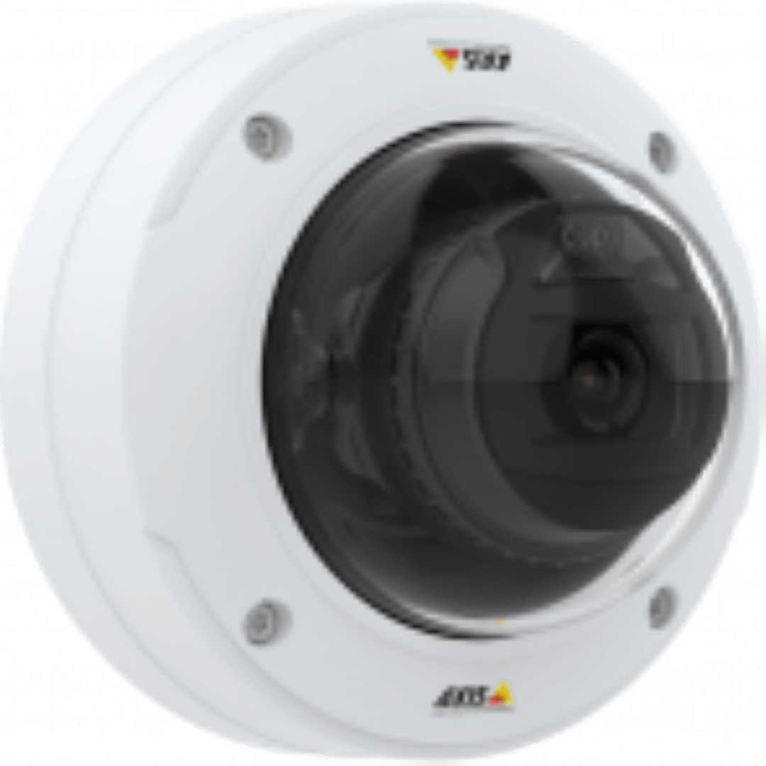 Witte Axis P3275-V vandaalbestendige dome-beveiligingscamera met transparante koepel en zwarte lensmodule.