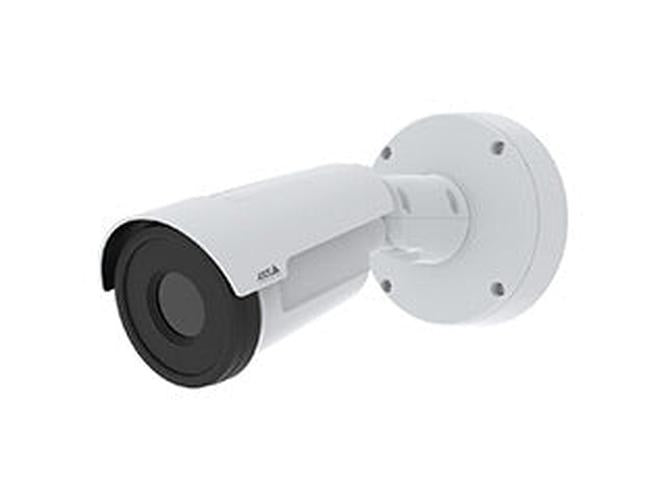 Witte Axis Q1971-E thermische bulletcamera met 25mm lens en robuuste wandmontagebeugel voor buitenbeveiliging.