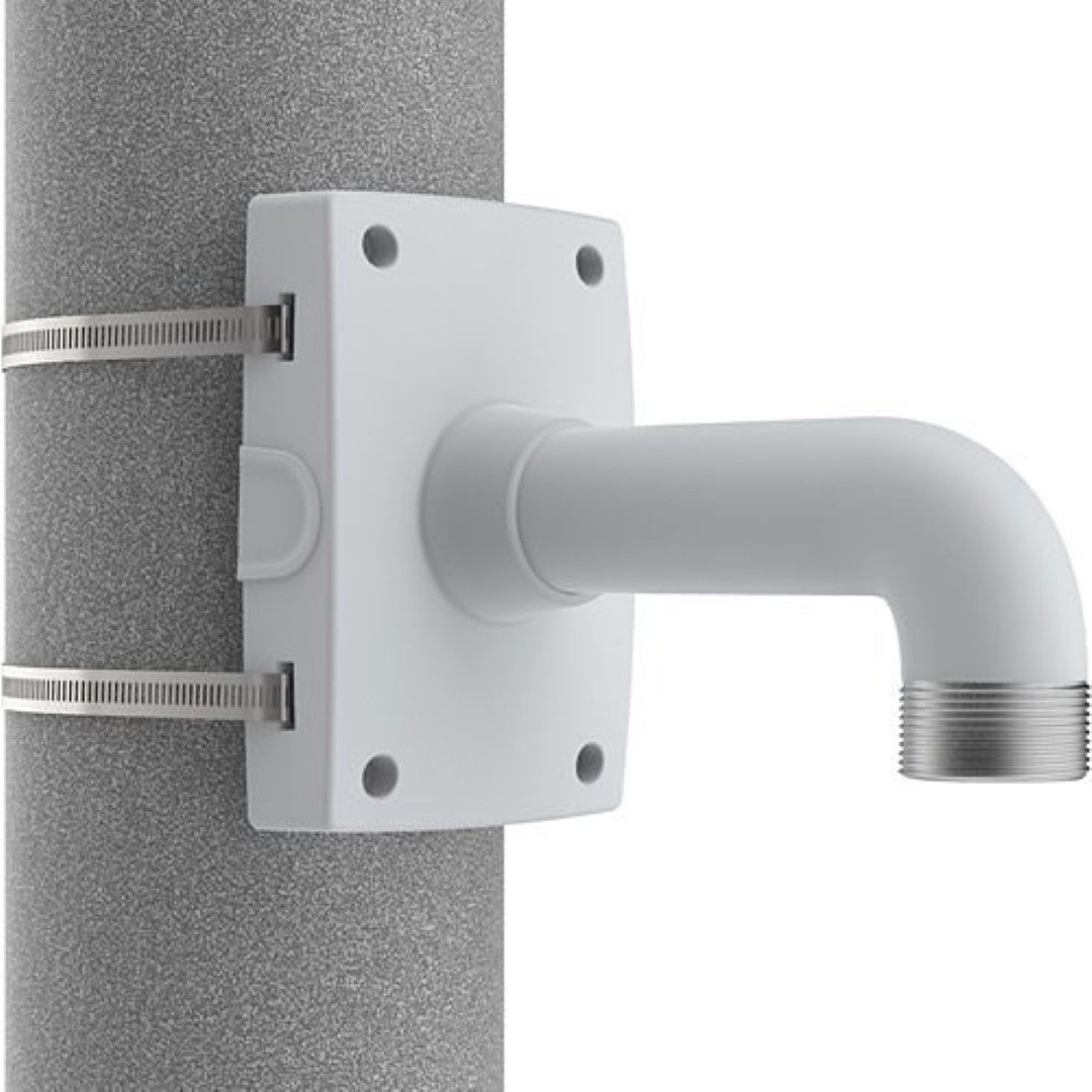 Witte Axis T91B67 paalbeugel met 1.5" NPS-schroefdraad en roestvrijstalen montagebanden voor camera-installatie.