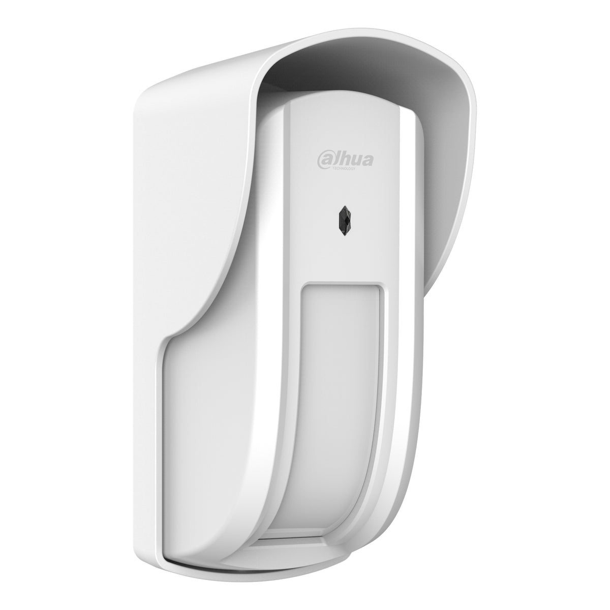 Witte Dahua ARD2631E-W2 draadloze buiten gordijndetector, schuin vooraanzicht met zonnekap.