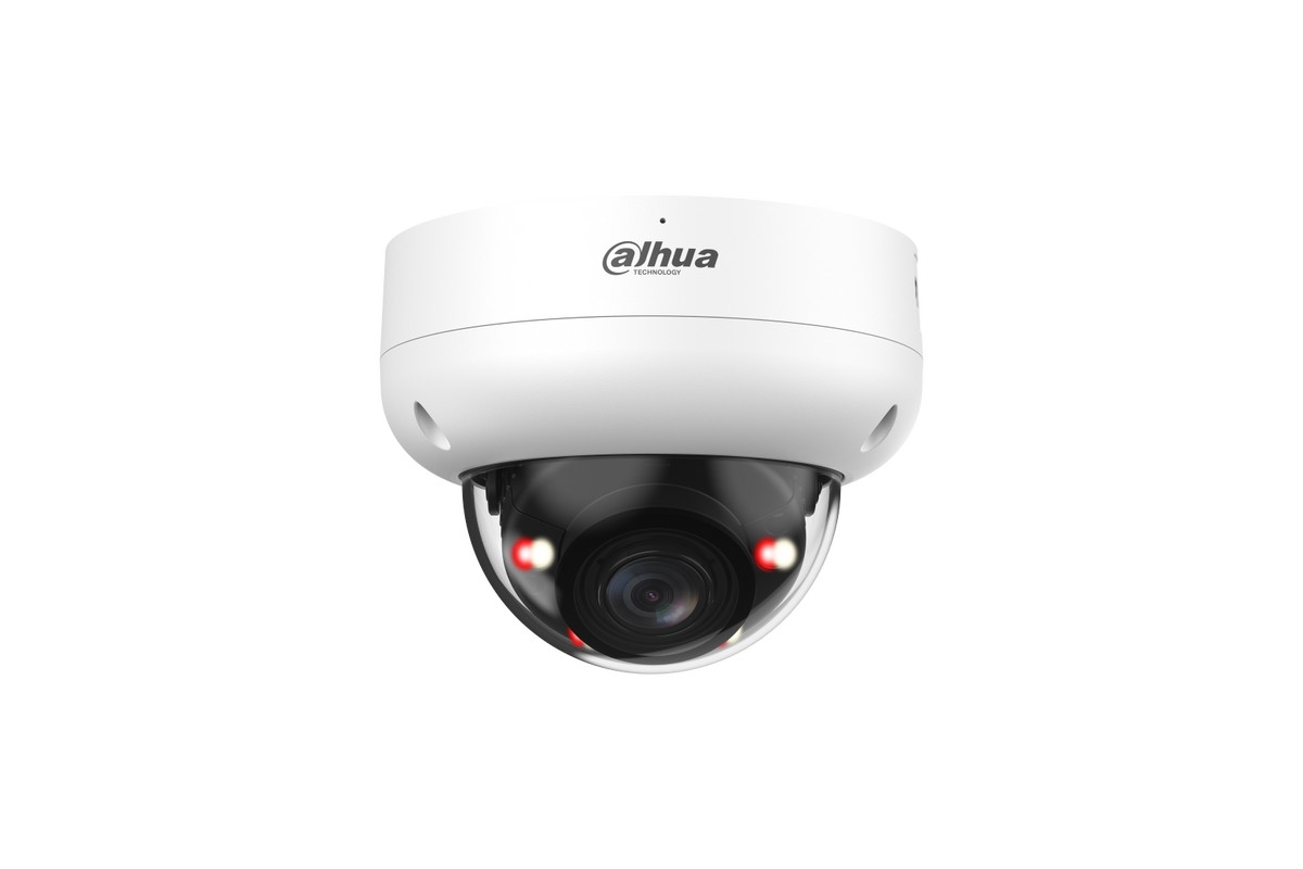 Witte Dahua 4MP WizSense mini dome camera met varifocale lens en Smart Dual Light voor buitenbeveiliging.