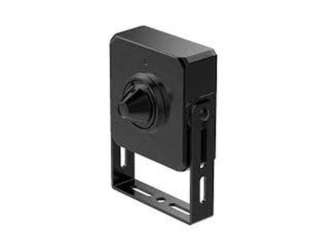 Zwarte Dahua 2MP pinhole lensmodule DH-IPC-HUM8241-L4-0280B-S3 met 2.8mm lens en montagebeugel, schuin vooraanzicht