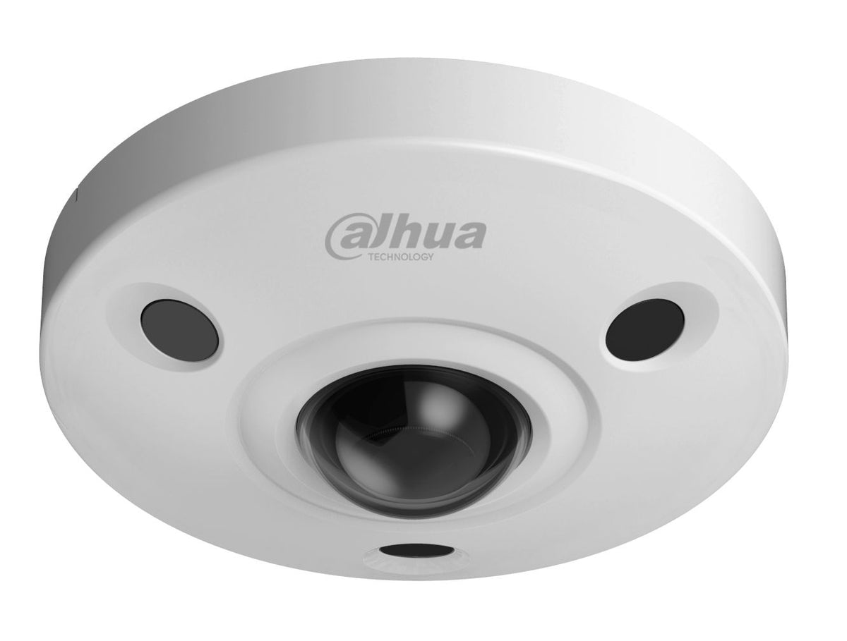 Witte Dahua 8MP fisheye beveiligingscamera met centrale lens en IR-sensoren voor 360 graden bewaking.