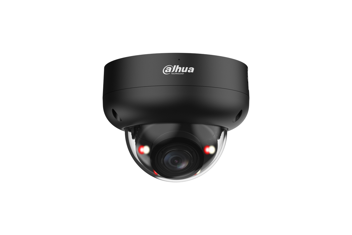Zwarte Dahua 8MP WizSense dome camera met vandaalbestendige IK10 behuizing en Smart Dual Light technologie.