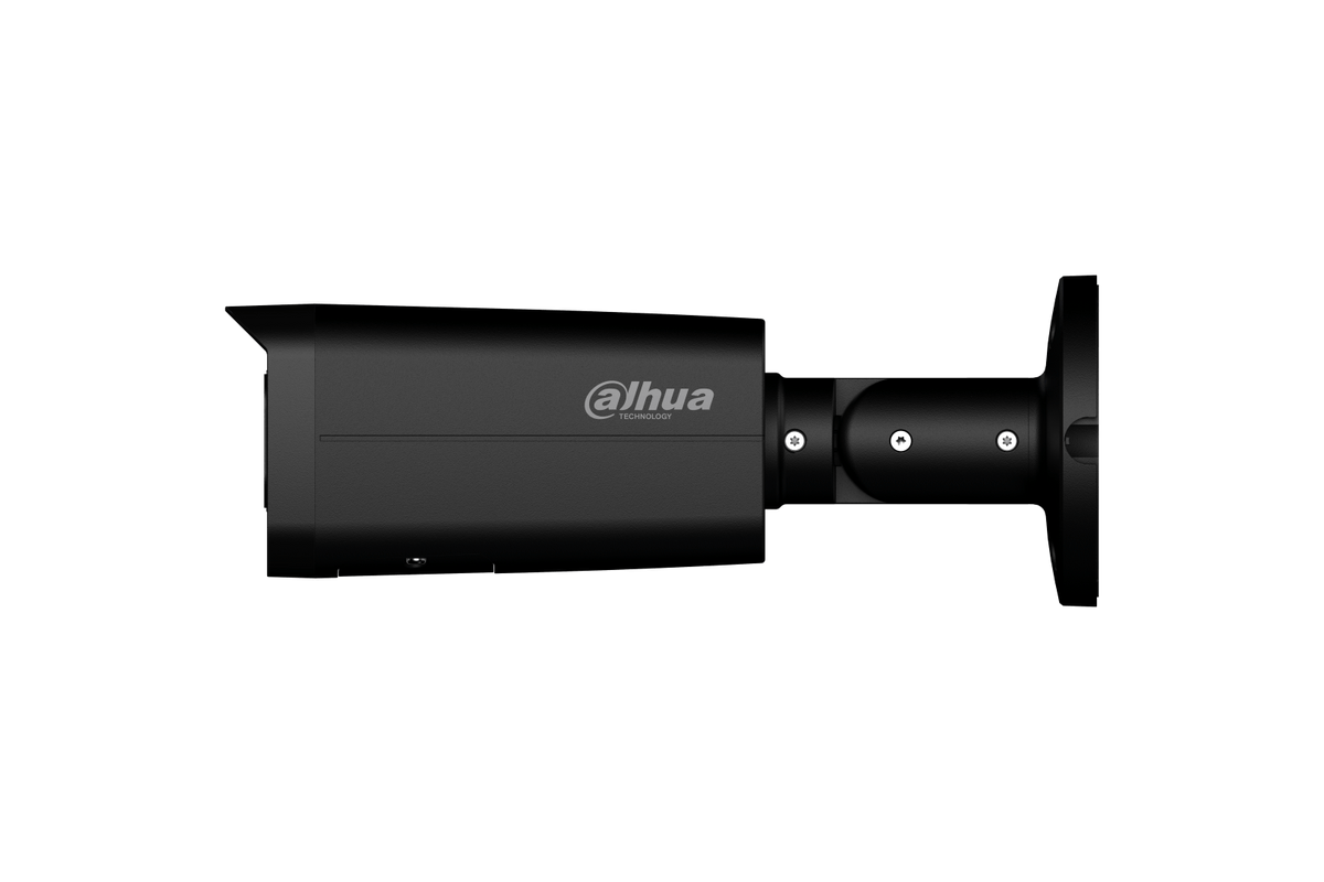 Zwarte Dahua 8MP WizSense bullet beveiligingscamera met verstelbare muurbeugel en Smart Dual Light technologie.