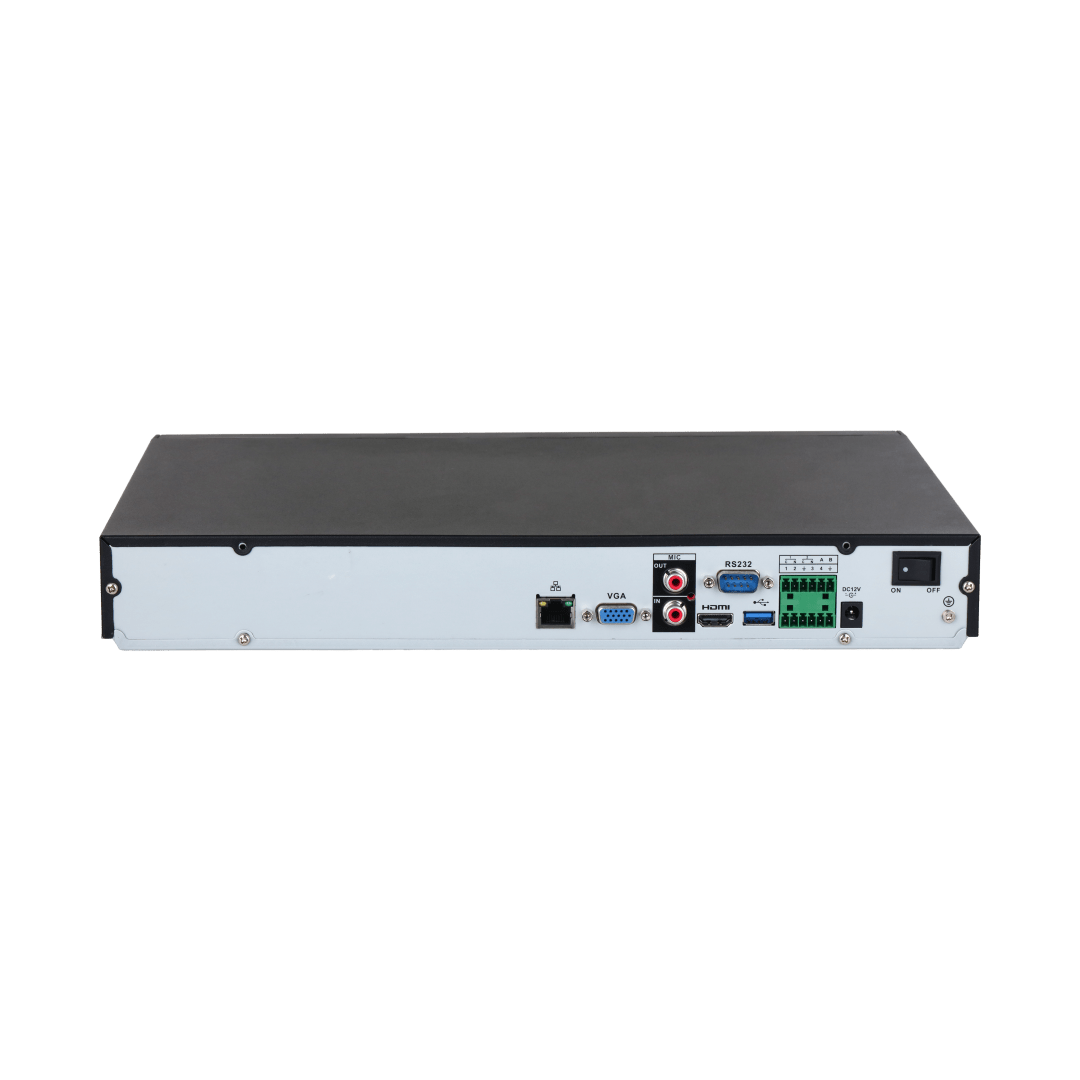 Achterkant van zwarte Dahua NVR5208-EI2 netwerkrecorder met HDMI, VGA, audio- en netwerkaansluitingen.