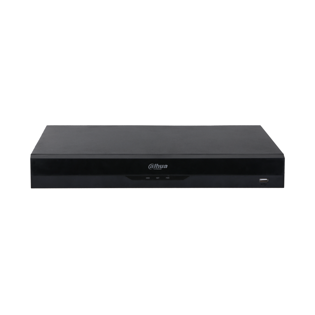 Zwarte Dahua NVR5232-16P-EI2 32-kanaals netwerk videorecorder met USB-poort en statusindicatoren op het voorpaneel.