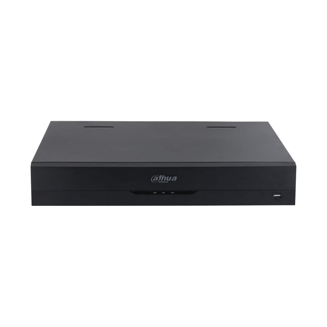 Zwarte Dahua NVR5416-EI2 32-kanaals netwerk videorecorder met strak metalen design en USB-poort aan de voorzijde.