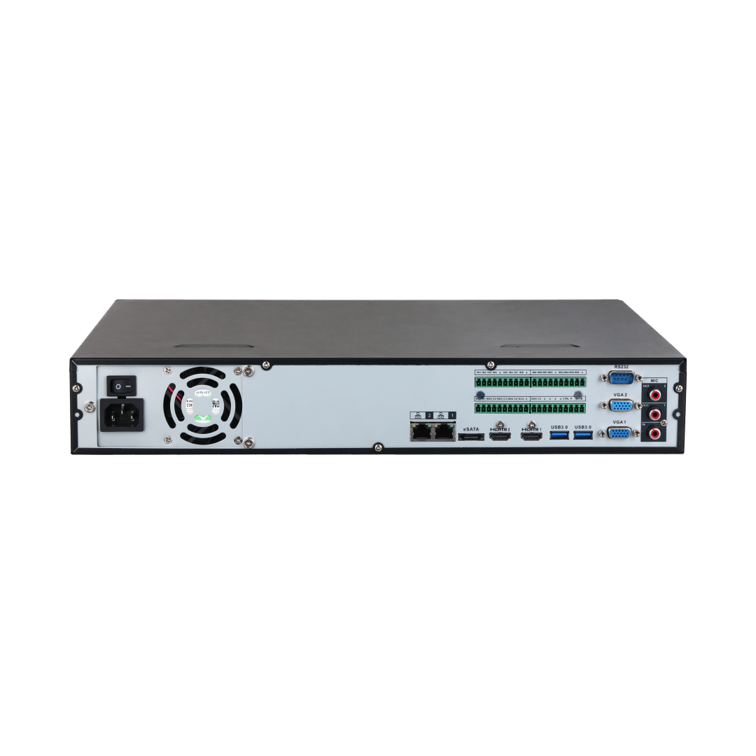 Achterkant van de zwarte Dahua NVR5432-EI2 recorder met HDMI, VGA, USB-poorten en diverse aansluitingen voor beveiliging.