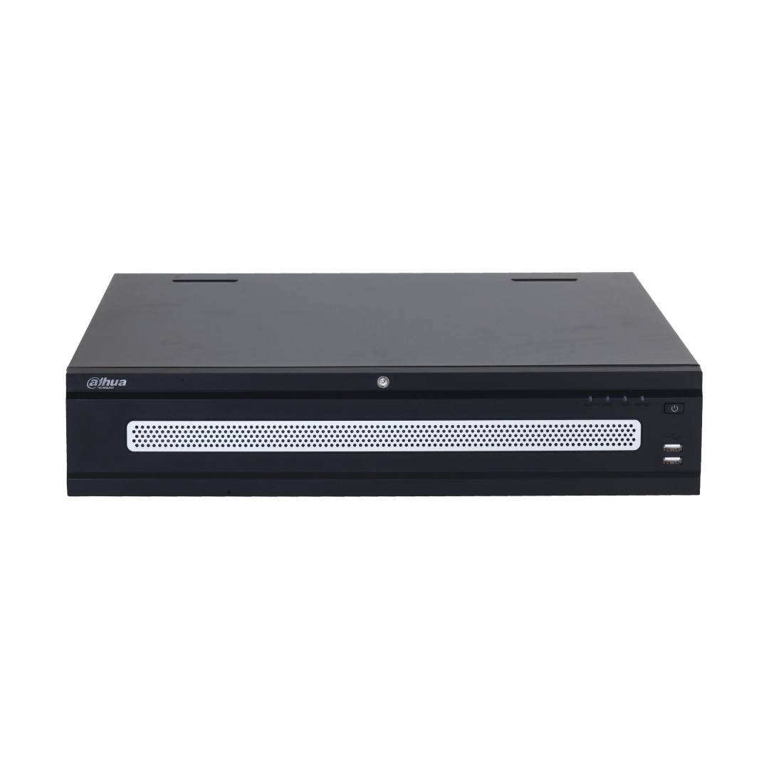 Zwarte Dahua NVR608H-128-XI enterprise netwerk videorecorder met geventileerd frontpaneel en USB-poorten.