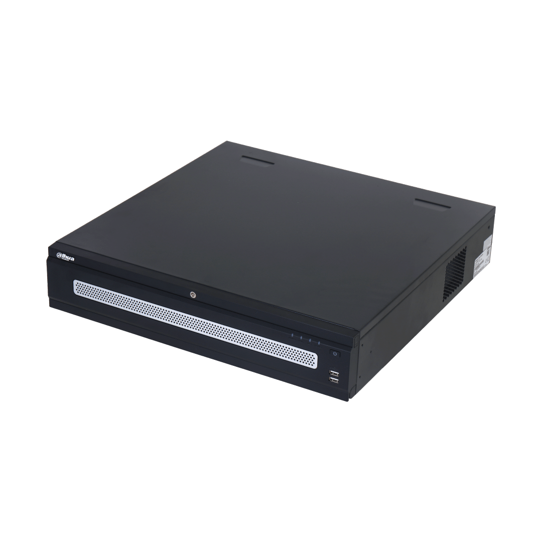 Zwarte Dahua NVR608H-128-XI enterprise netwerk videorecorder met geventileerd frontpaneel en USB-poorten.