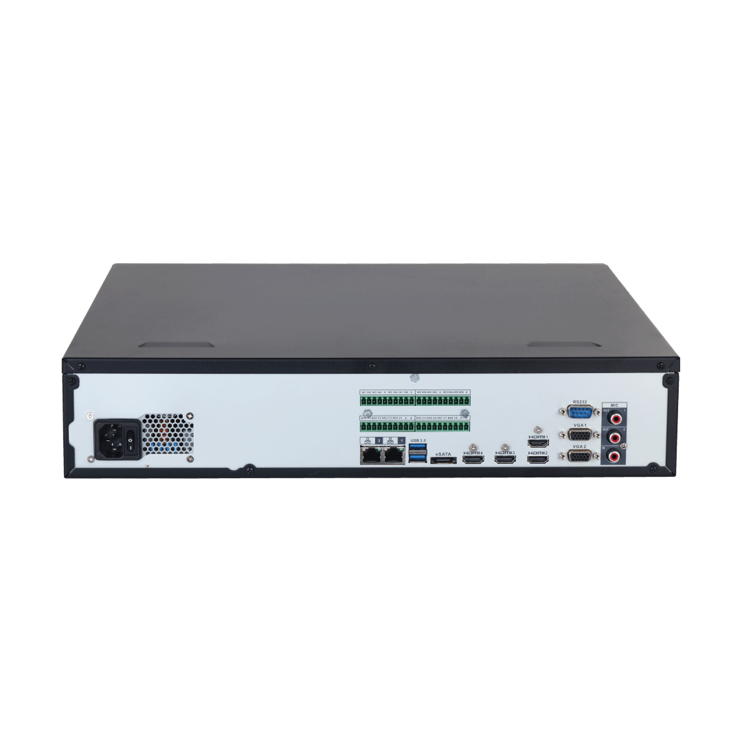Achterzijde van zwarte Dahua NVR608H-128-XI netwerkrecorder met diverse HDMI, VGA, USB en netwerkpoorten.