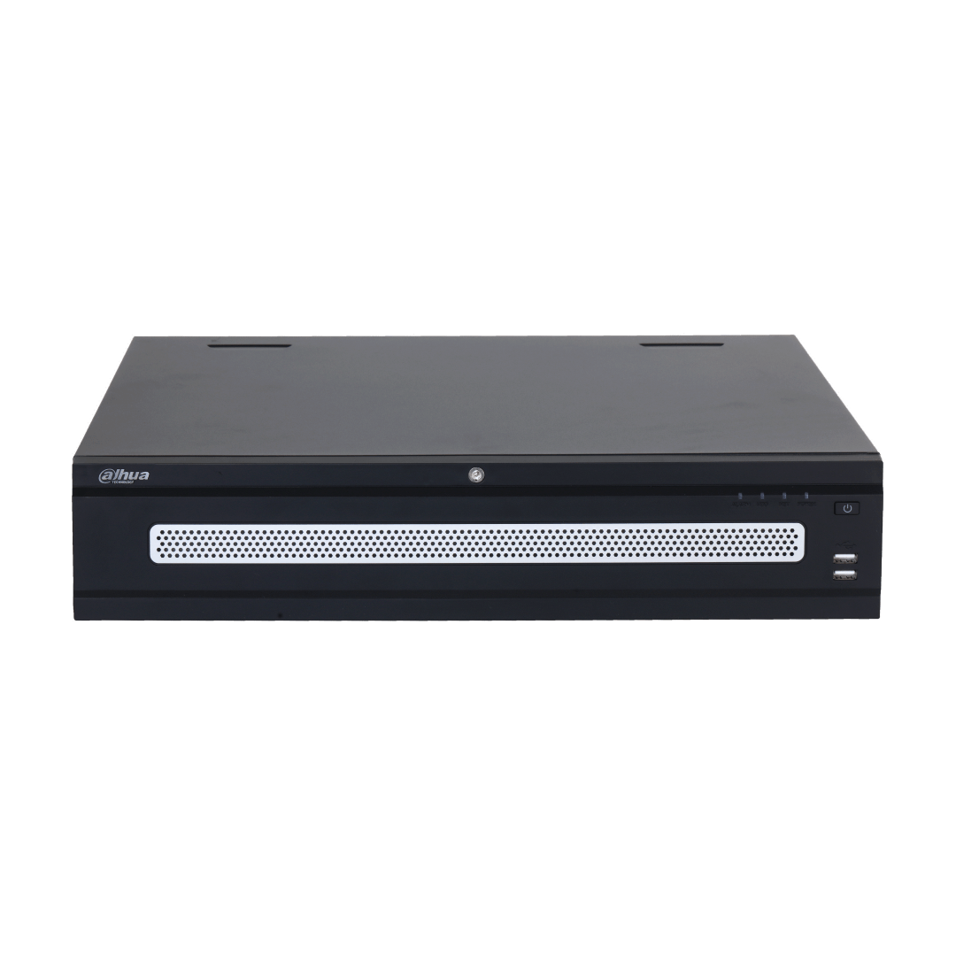 Zwarte Dahua 64-kanaals enterprise NVR met metalen behuizing, ventilatierooster, statuslampjes en USB-poorten aan de voorzijde.