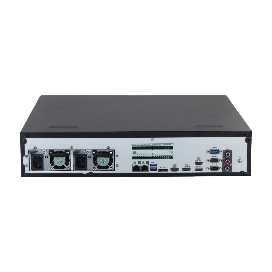 Achterzijde van zwarte Dahua NVR608RH-64-XI met redundante voeding, HDMI, VGA en diverse aansluitpoorten.