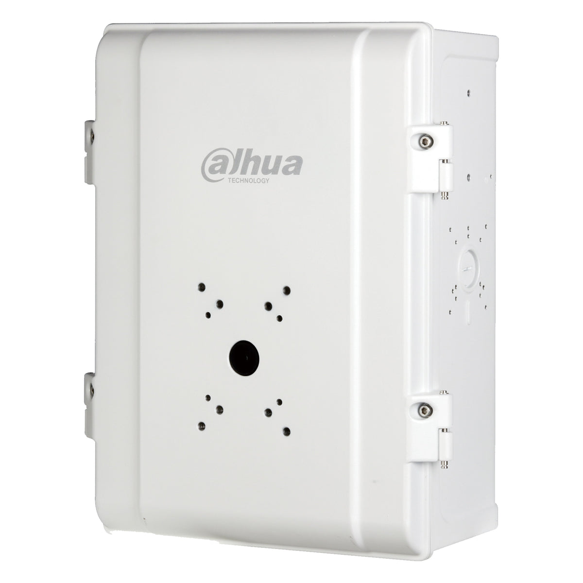 Witte Dahua PFA143 aluminium outdoor surveillance box (IP66, IK10) met gesloten deur, schuin vooraanzicht.