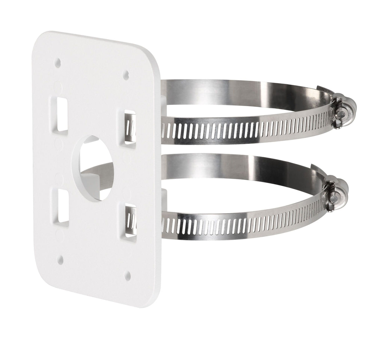 Witte Dahua PFA152A-E anti-corrosie paalmontagebeugel van SECC-materiaal met twee metalen slangklemmen.