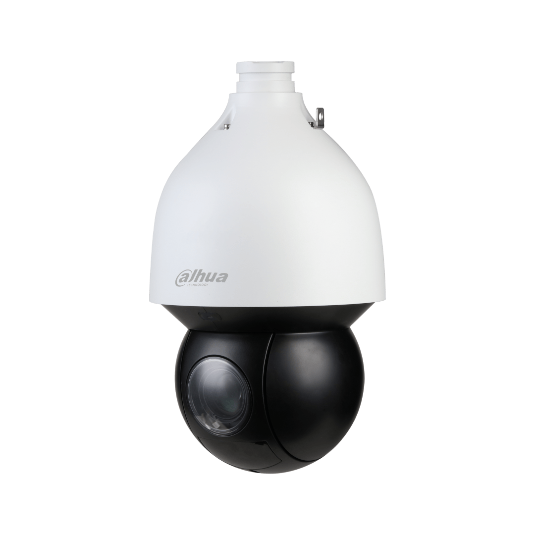 Witte Dahua PTZ-camera met zwarte lensbehuizing, 45x optische zoom en IR-verlichting voor buitenbeveiliging.