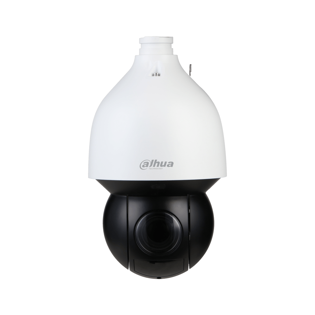 Dahua WizSense 4MP PTZ-camera met witte behuizing, zwarte lensmodule en 45x optische zoom voor buitenbewaking.
