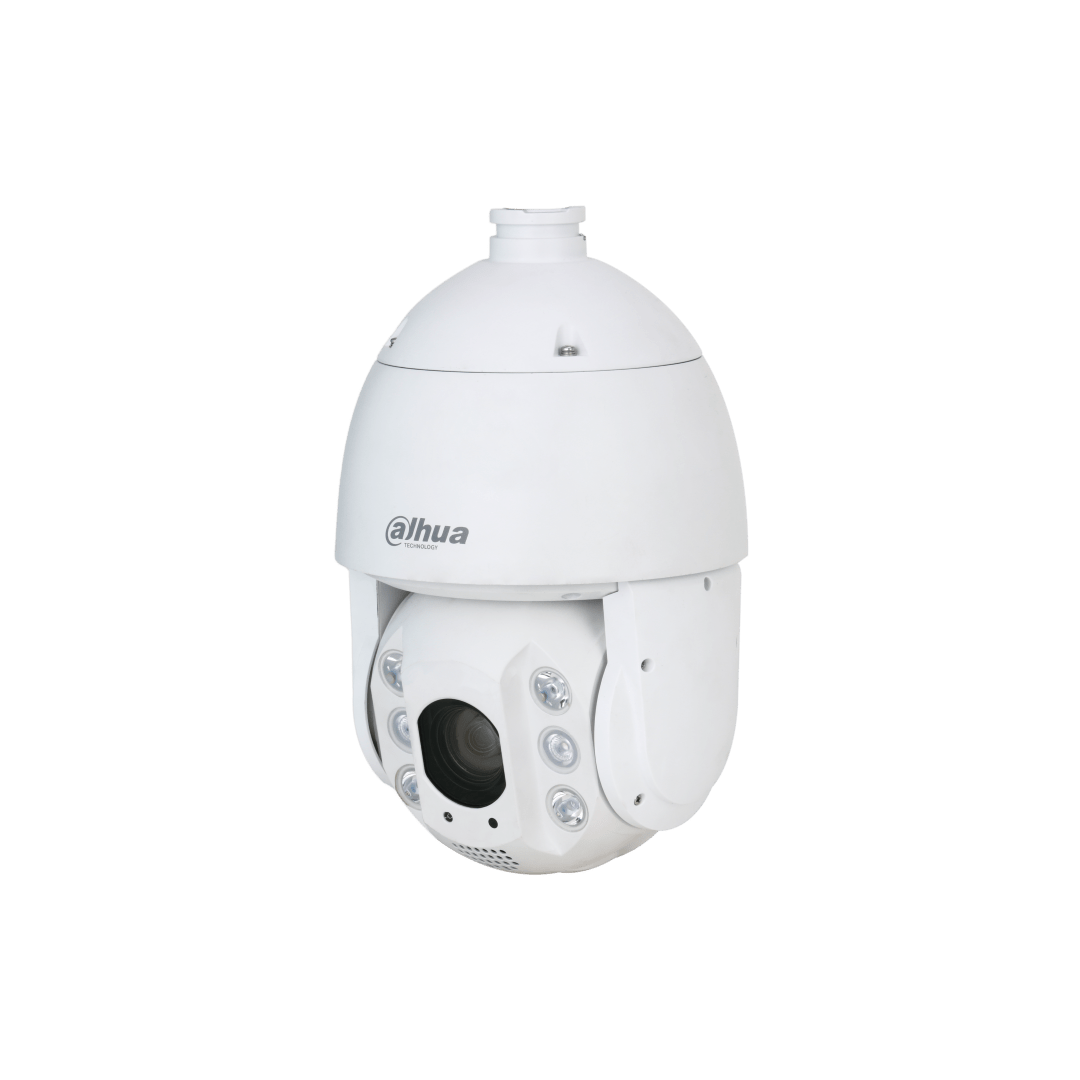Witte Dahua 8MP 4K WizMind PTZ-camera met 25x optische zoom en geïntegreerde smart dual light-verlichting.