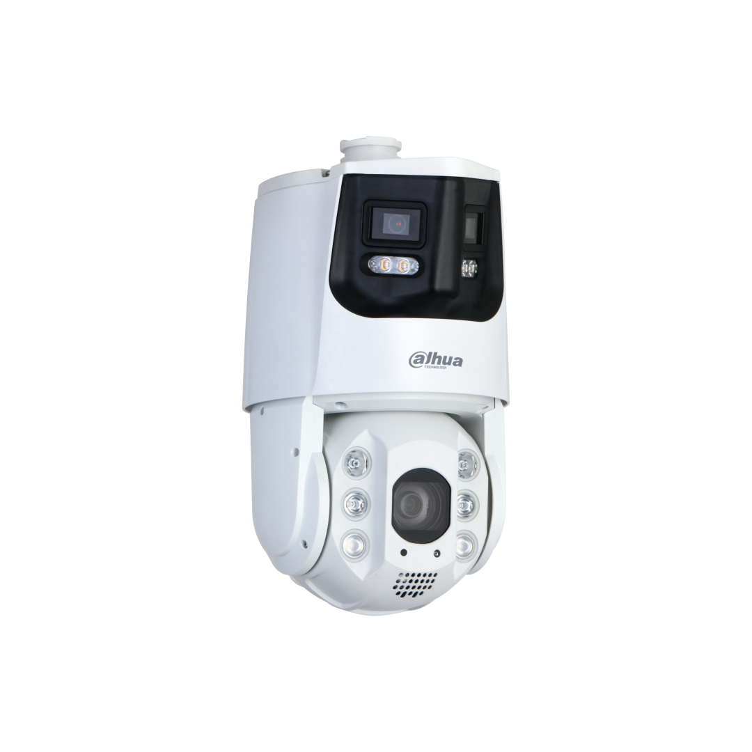 Witte Dahua dual-sensor PTZ-camera met 180° panoramalens, 25x optische zoom en ingebouwde actieve afschrikkingsverlichting.