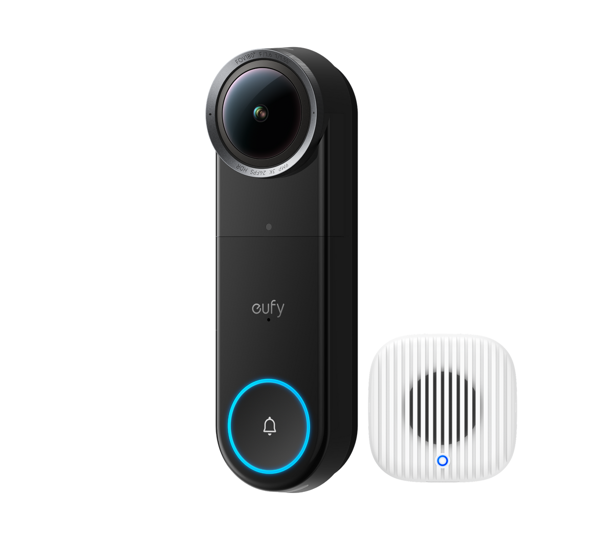 Zwarte Eufy Video Deurbel S4 met 180° lens, blauw verlichte drukknop en witte Mini Chime, schuin vooraanzicht