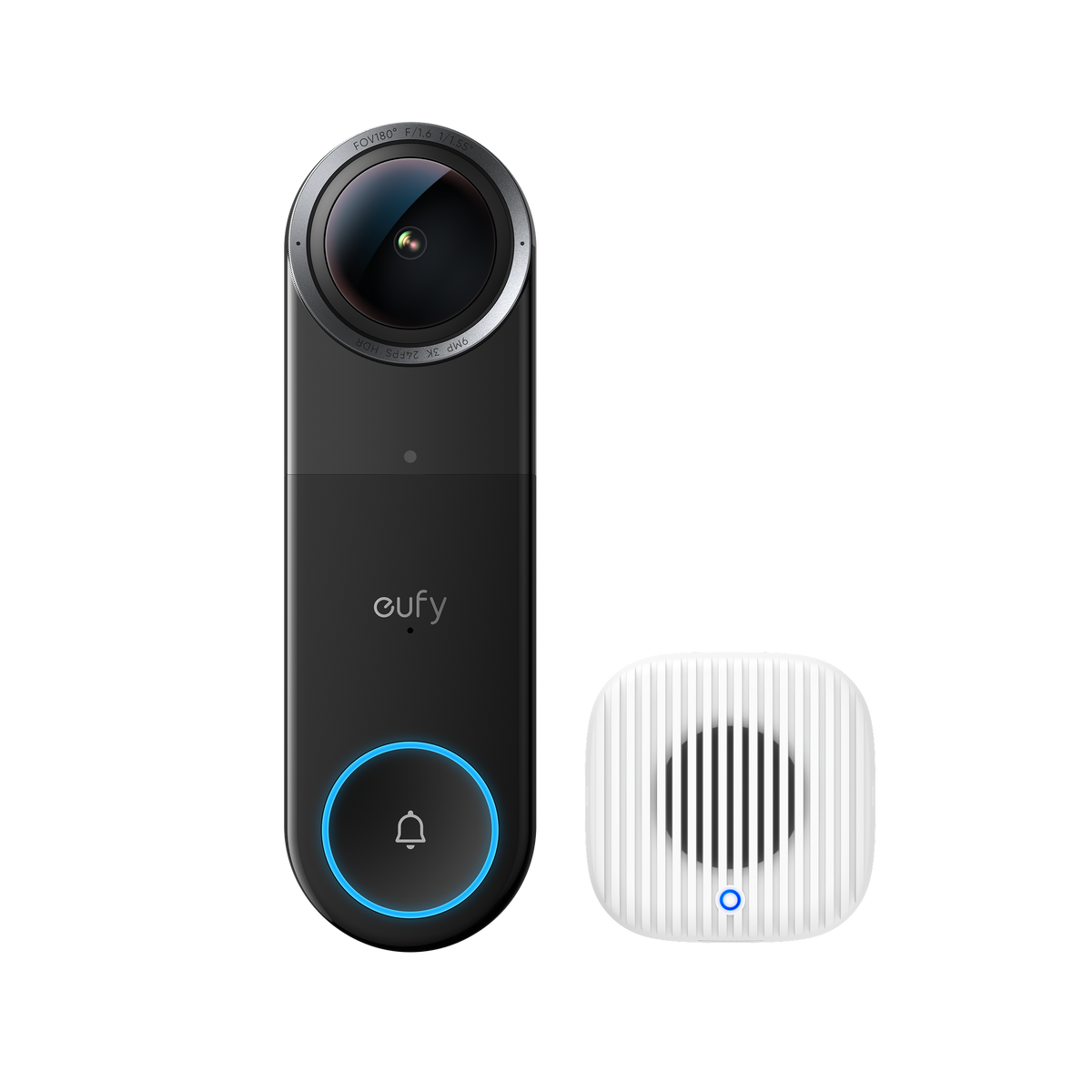 Eufy Video Deurbel S4 met 9MP 3K lens en witte Mini Chime, vooraanzicht op witte achtergrond