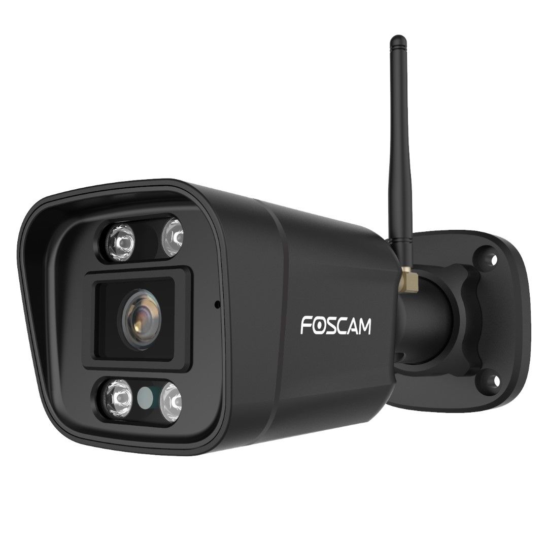 Zwarte Foscam V8P 4K WiFi bullet camera met spotlight, antenne en wandbeugel voor buitenbeveiliging.