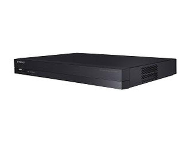 Zwarte Hanwha ARN-810S 8-kanaals netwerk videorecorder in compact 1U desktopformaat.