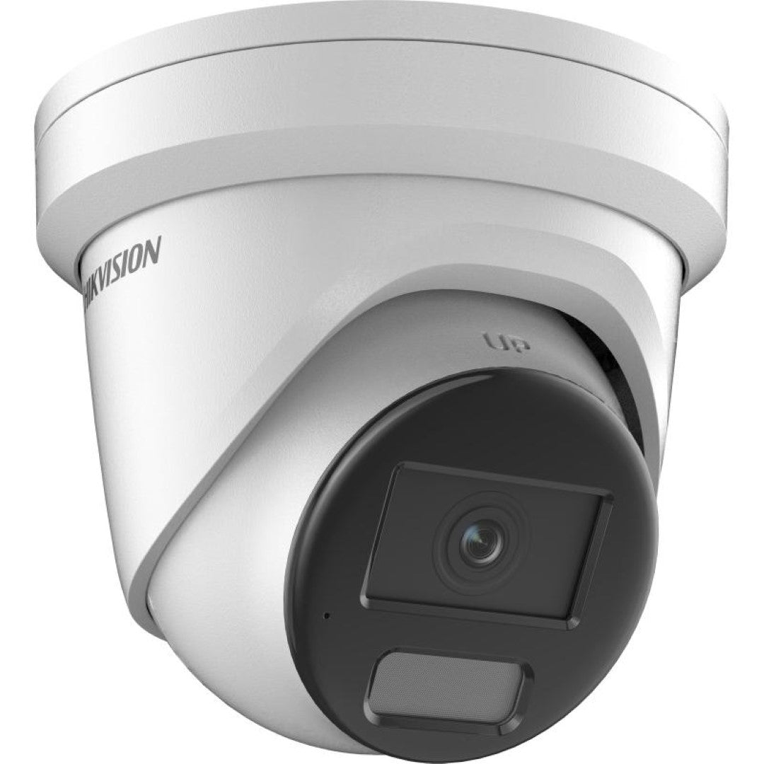 Witte Hikvision 4MP AcuSense turret beveiligingscamera met 2.8mm lens en zwarte lensmodule voor binnen en buiten.