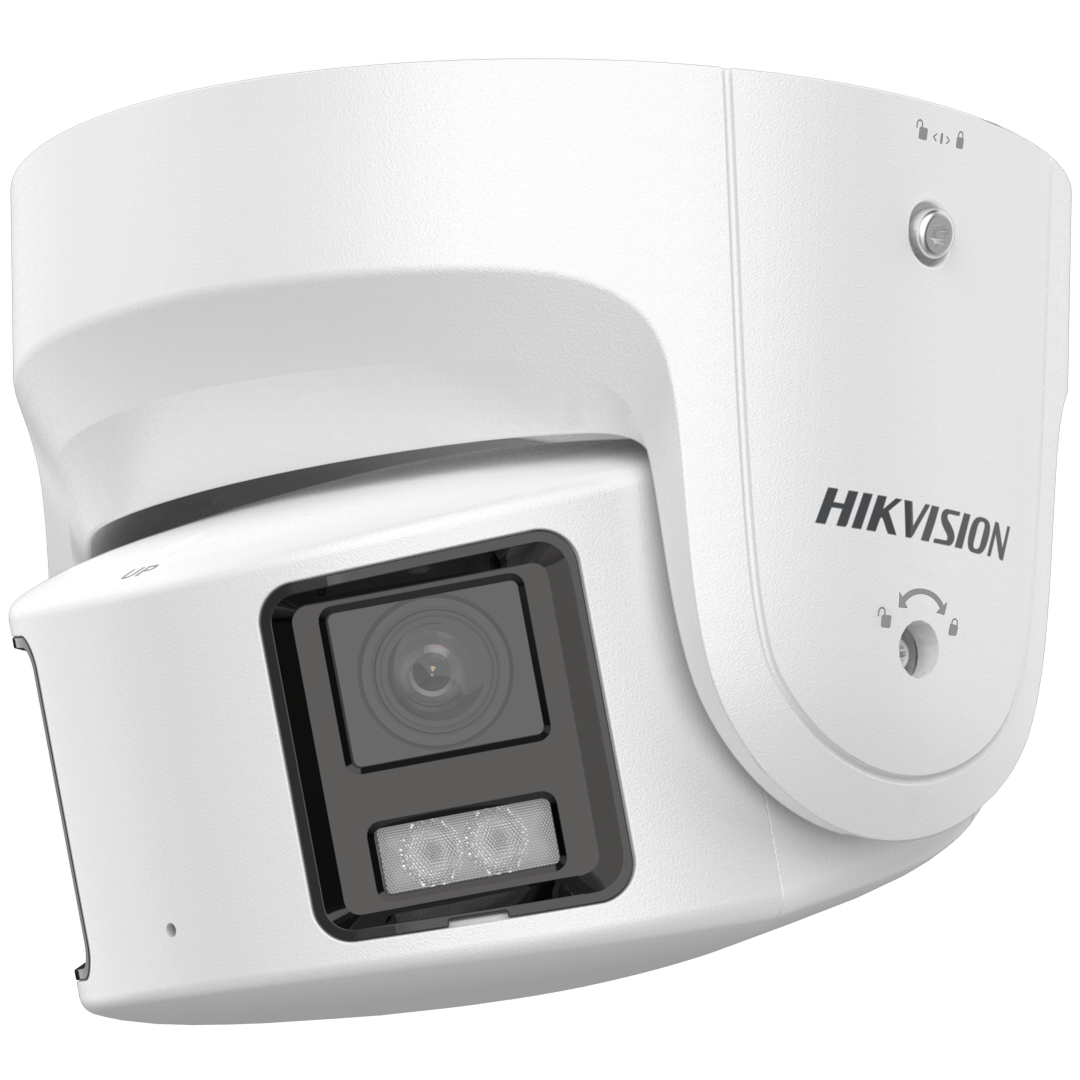 Witte Hikvision 4MP ColorVu panoramische turret dome IP-camera met 180 graden lens voor buitenbewaking.