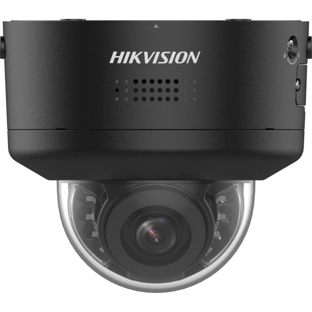 Zwarte Hikvision 4K ColorVu PTZ mini dome camera met varifocale lens en robuuste behuizing voor buiten.