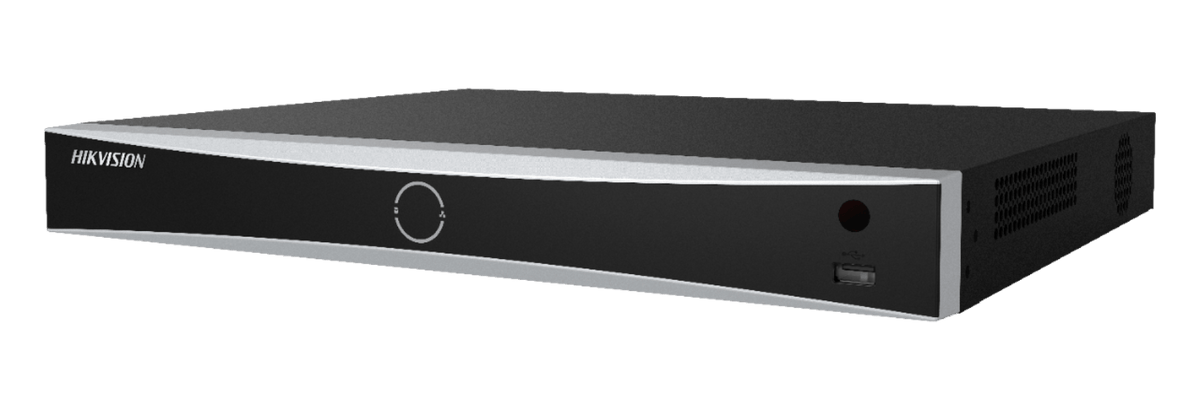 Zwarte Hikvision 8-kanaals AcuSense NVR met zilveren rand en USB-poort aan de voorzijde.
