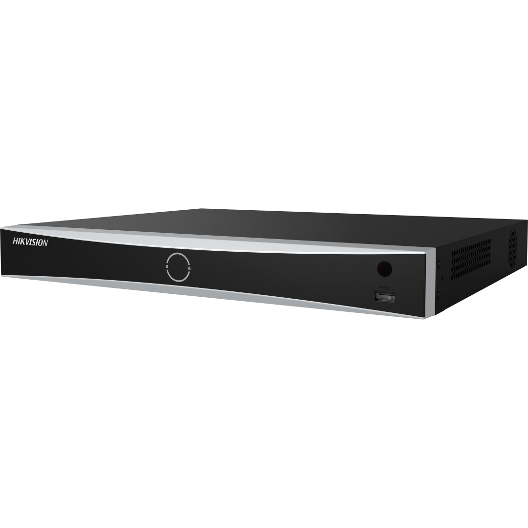 Zwarte Hikvision 16-kanaals AcuSense NVR met strak metalen design, USB-poort en logo op het voorpaneel.