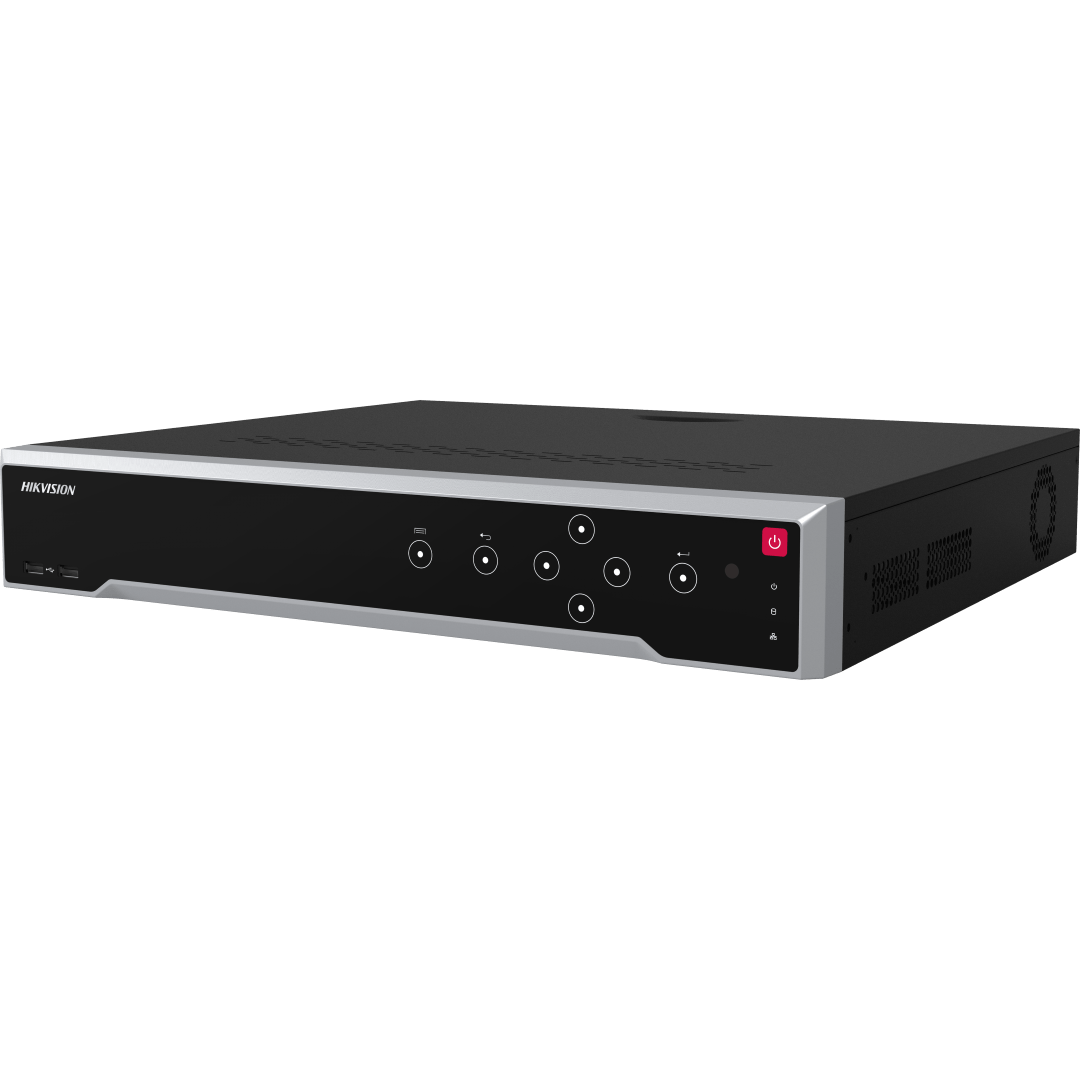 Zwarte Hikvision 16-kanaals Ultra NVR met zilveren rand, bedieningspaneel en USB-poort aan de voorzijde.