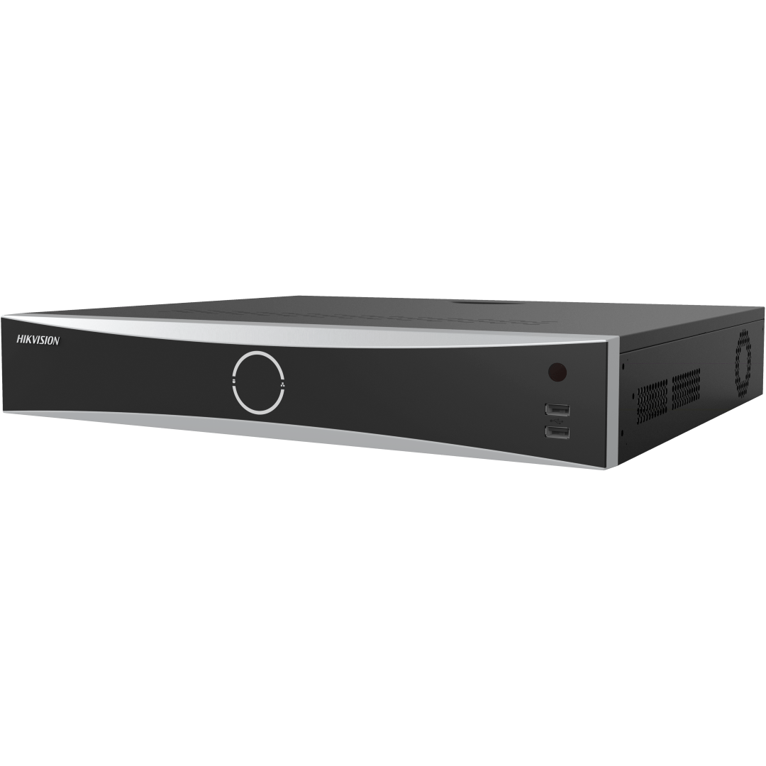 Zwarte Hikvision 16-kanaals AcuSense NVR met zilveren voorpaneel, USB-poorten en strak professioneel design.