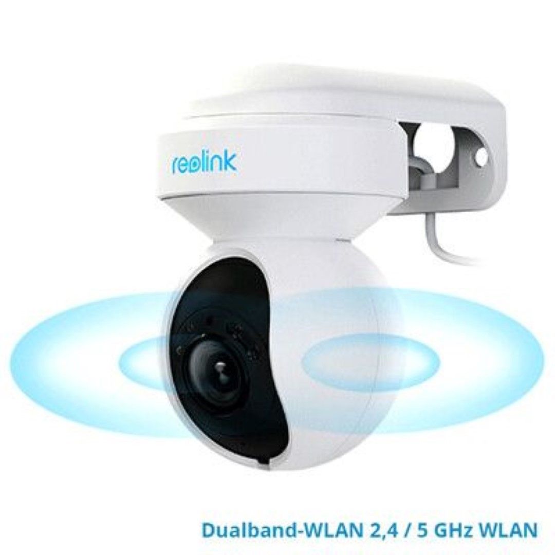 Witte Reolink E560-W 8MP WiFi 6 PTZ-domecamera met zwarte lens en blauwe signaalringen voor draadloze verbinding.