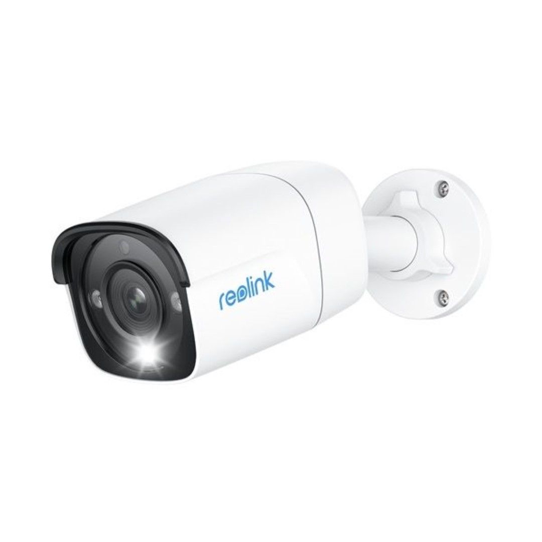 Witte Reolink 12MP PoE bullet camera met spotlight en muurbevestiging voor buitenbeveiliging.