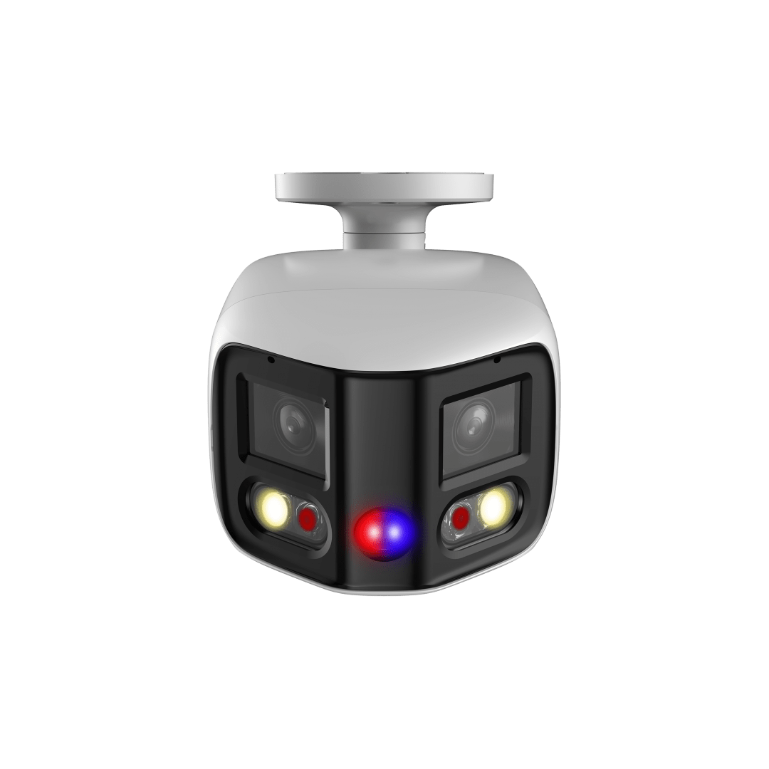 Witte Dahua 8MP panorama bullet camera met 180° lens, Smart Dual Light en rood-blauw waarschuwingslicht.