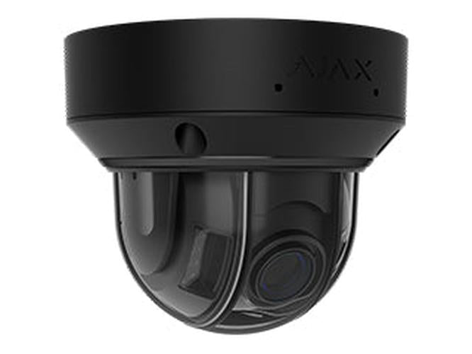 Zwarte Ajax DomeCam Mini HL 5MP outdoor dome camera met vaste 2,8mm lens en compact design.