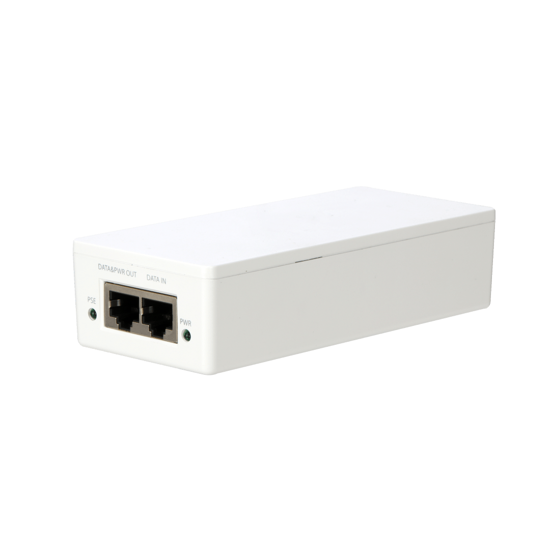 Witte Dahua PoE+ injector met twee Ethernet-poorten in een compacte, rechthoekige kunststof behuizing.