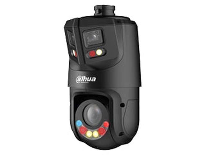 Zwarte Dahua dual-lens panorama beveiligingscamera met 180 graden zicht en ingebouwde IR-verlichting.