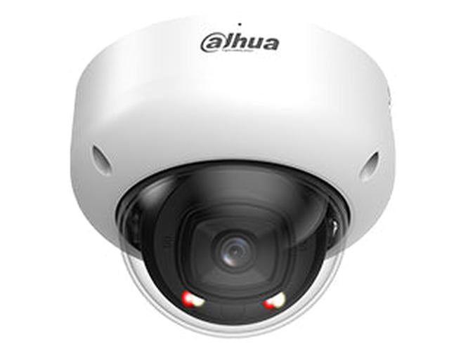 Witte Dahua WizMind mini dome camera met 4MP lens, zwarte koepel en Smart Dual Light technologie.