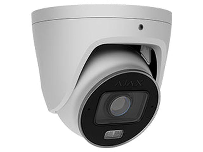 Witte Eufy PoE Bullet-PTZ S4 beveiligingscamera met zwart triple-lens systeem voor 360 graden dekking.