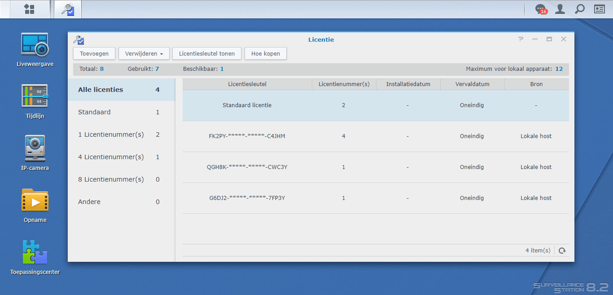 Synology Surveillance Station licentiebeheer venster met overzicht van actieve cameralicenties en codes.